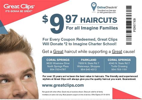 Coupon for great clips - Great Clips offers additional discounts and even freebies for select customers! Check out how you can save below: Seniors ages 65+ can save $2 off a haircut at participating locations. This is an everyday discount that may vary by salon. Active or retired veterans receive a free haircut every Veterans Day, November 11th.